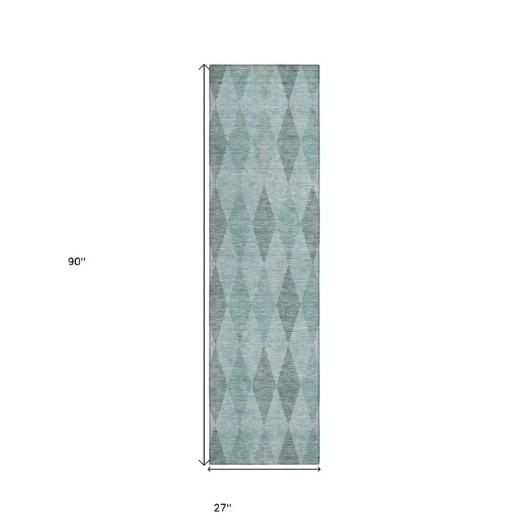 8' Runner Teal Geometric Washable Non Skid Indoor Outdoor Runner Rug