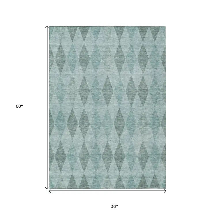 3' X 5' Teal Geometric Washable Non Skid Indoor Outdoor Area Rug