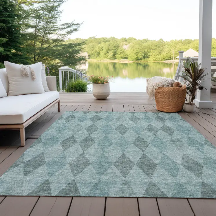 3' X 5' Teal Geometric Washable Non Skid Indoor Outdoor Area Rug