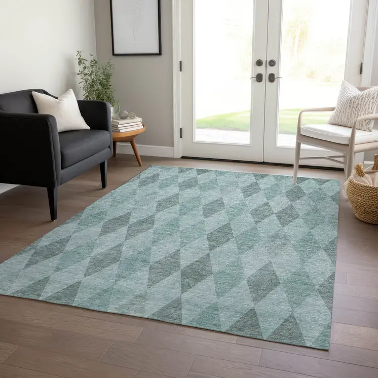 3' X 5' Teal Geometric Washable Non Skid Indoor Outdoor Area Rug