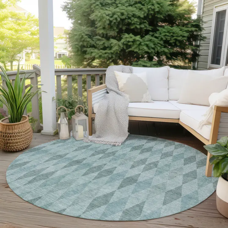 8' Round Teal Round Geometric Washable Non Skid Indoor Outdoor Area Rug