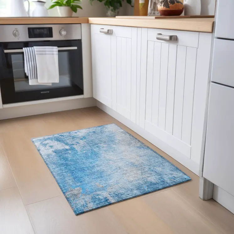 2' X 3' Blue and Gray Abstract Washable Non Skid Indoor Outdoor Area Rug