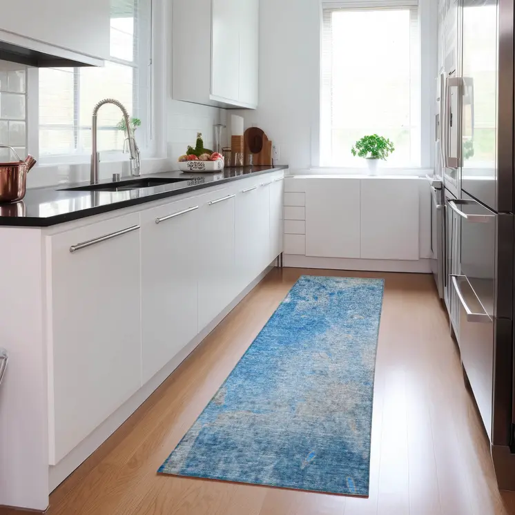 8' Blue And Gray Abstract Washable Indoor Outdoor Runner Rug