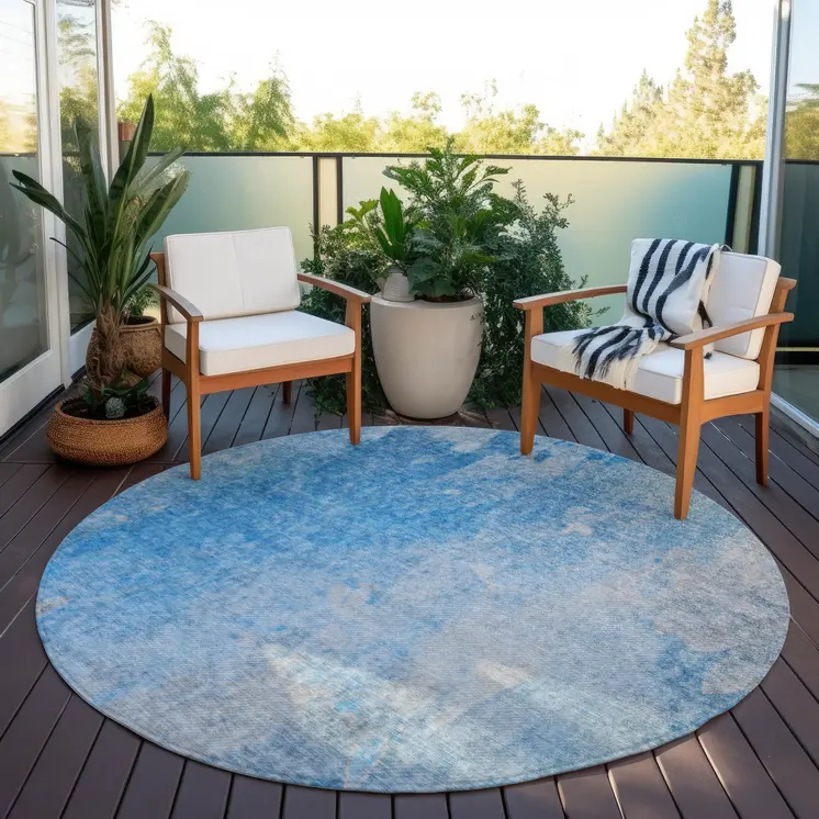 8' Round Blue and Gray Round Abstract Washable Non Skid Indoor Outdoor Area Rug