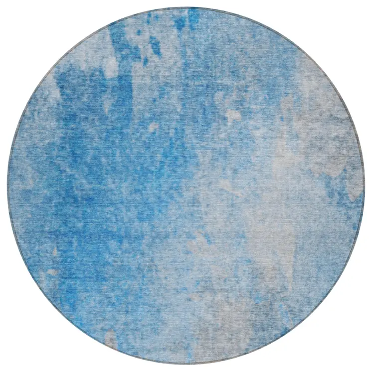 8' Round Blue and Gray Round Abstract Washable Non Skid Indoor Outdoor Area Rug
