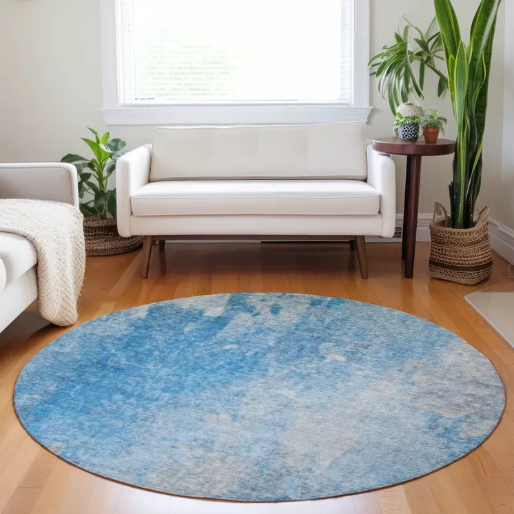 8' Round Blue and Gray Round Abstract Washable Non Skid Indoor Outdoor Area Rug
