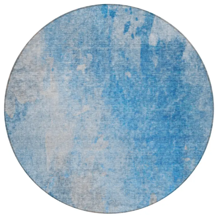 8' Round Blue and Gray Round Abstract Washable Non Skid Indoor Outdoor Area Rug