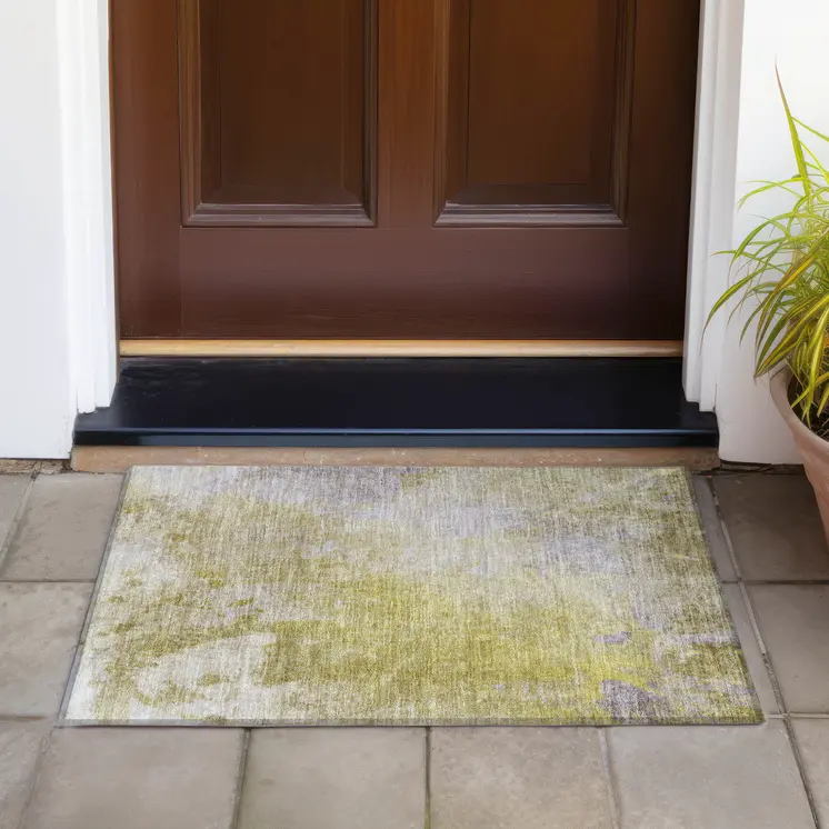 2' X 3' Gold Beige and Purple Abstract Washable Non Skid Indoor Outdoor Area Rug
