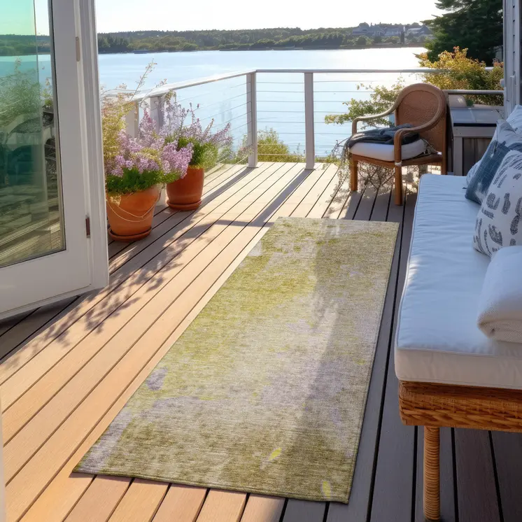 8' Runner Gold Beige and Purple Abstract Washable Non Skid Indoor Outdoor Runner Rug