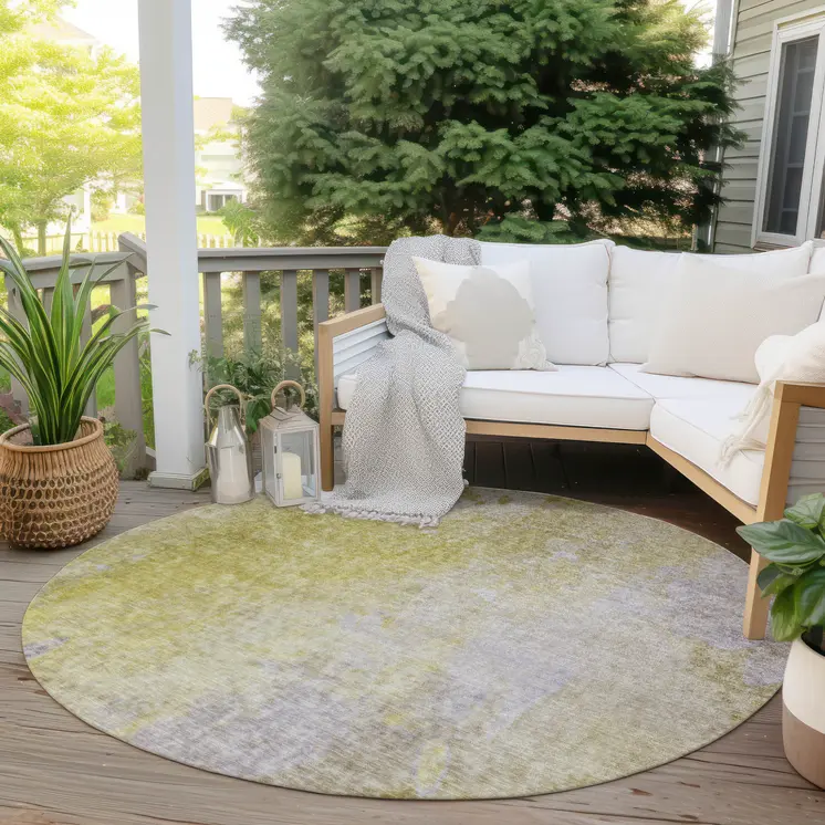 8' Round Gold Beige and Purple Round Abstract Washable Non Skid Indoor Outdoor Area Rug