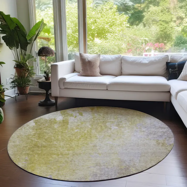 8' Round Gold Beige and Purple Round Abstract Washable Non Skid Indoor Outdoor Area Rug