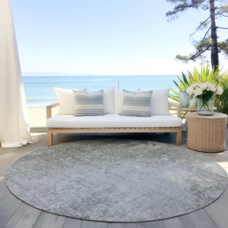 8' Round Gray and Off White Round Abstract Washable Non Skid Indoor Outdoor Area Rug