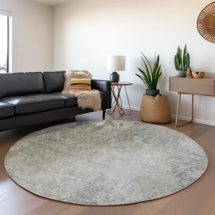 8' Round Gray and Off White Round Abstract Washable Non Skid Indoor Outdoor Area Rug