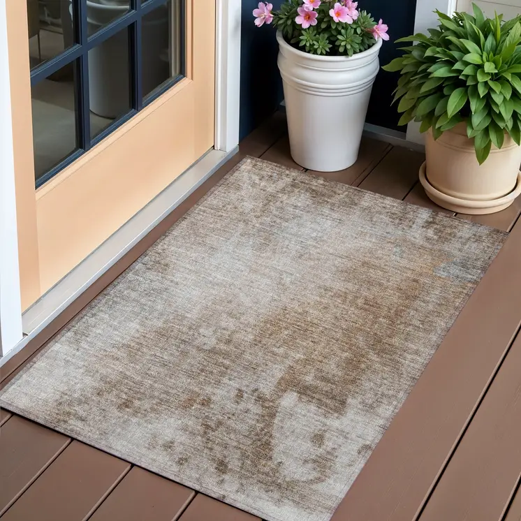2' X 3' Brown And Off White Abstract Washable Indoor Outdoor Area Rug