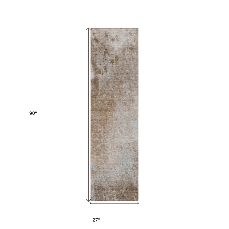 8' Brown And Off White Abstract Washable Indoor Outdoor Runner Rug