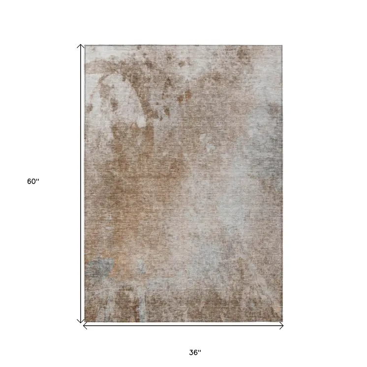 3' X 5' Brown and Off White Abstract Washable Non Skid Indoor Outdoor Area Rug