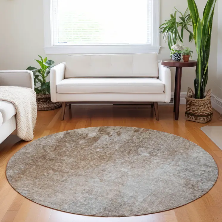 8' Round Brown and Off White Round Abstract Washable Non Skid Indoor Outdoor Area Rug