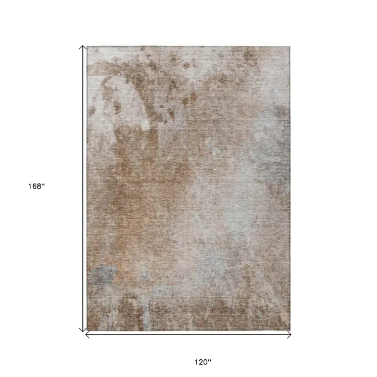 10' X 14' Brown and Off White Abstract Washable Non Skid Indoor Outdoor Area Rug