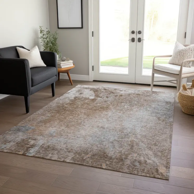10' X 14' Brown and Off White Abstract Washable Non Skid Indoor Outdoor Area Rug