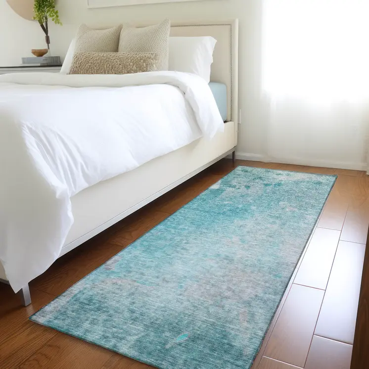 8' Runner Teal Abstract Washable Non Skid Indoor Outdoor Runner Rug