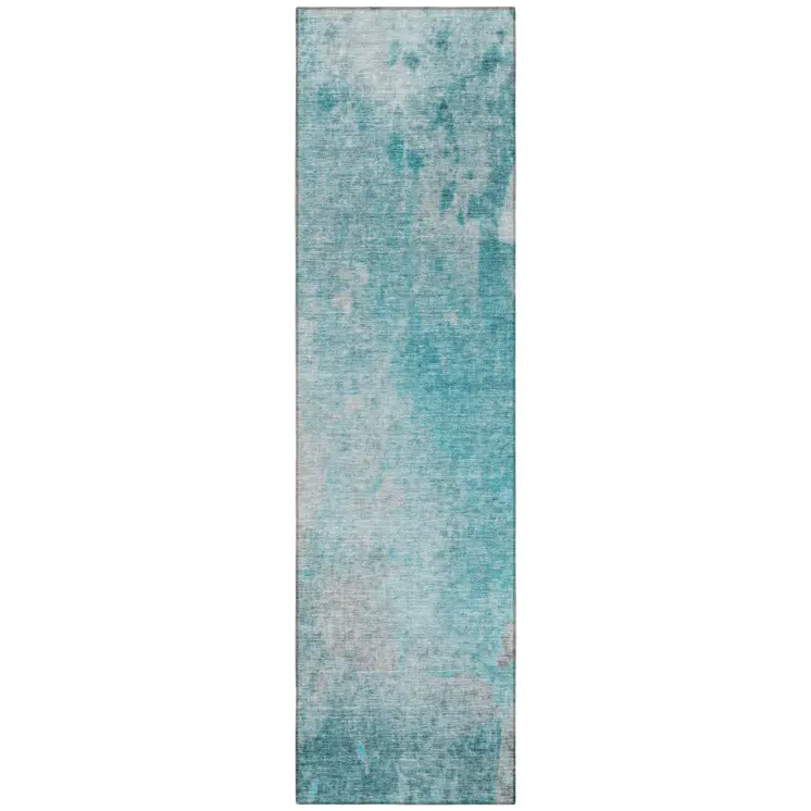 8' Runner Teal Abstract Washable Non Skid Indoor Outdoor Runner Rug