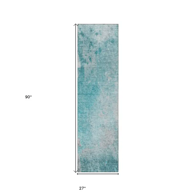 8' Runner Teal Abstract Washable Non Skid Indoor Outdoor Runner Rug