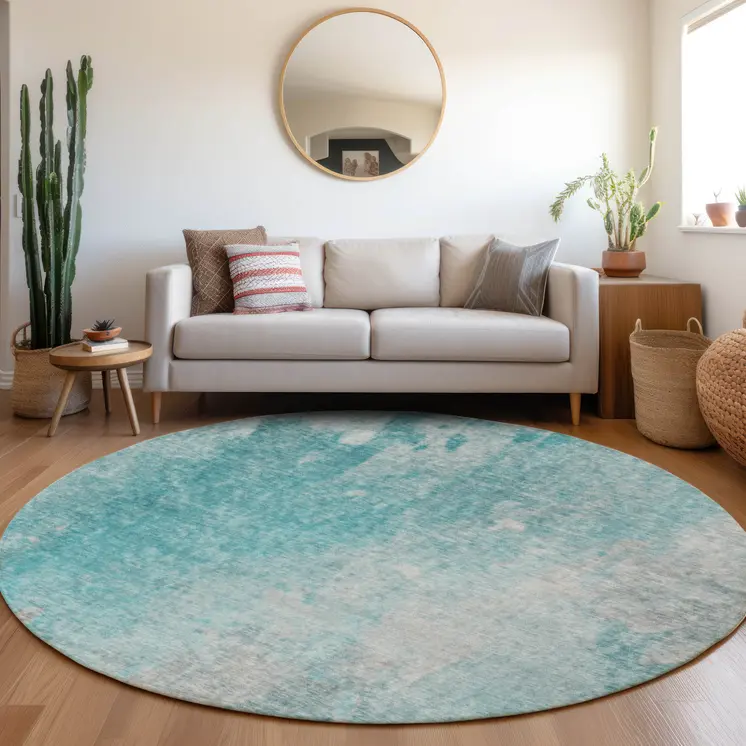 8' Round Teal Round Abstract Washable Non Skid Indoor Outdoor Area Rug