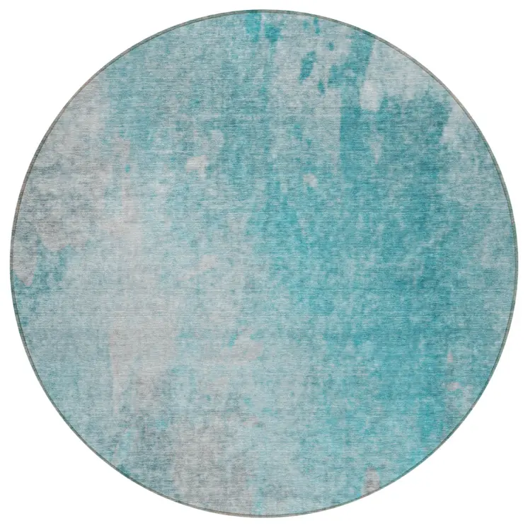 8' Round Teal Round Abstract Washable Non Skid Indoor Outdoor Area Rug