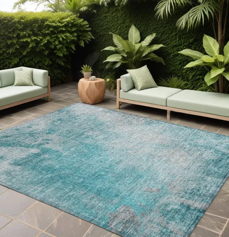 8' X 10' Teal Abstract Washable Non Skid Indoor Outdoor Area Rug