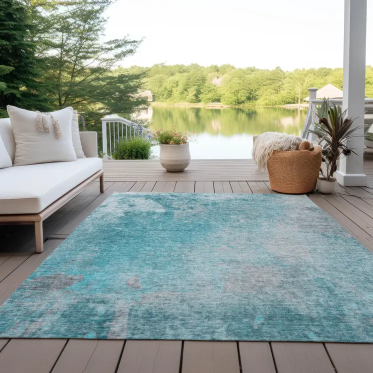 8' X 10' Teal Abstract Washable Non Skid Indoor Outdoor Area Rug