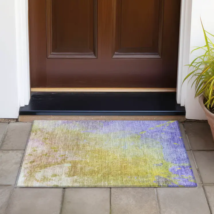2' X 3' Blue Gold and Wheat Abstract Washable Non Skid Indoor Outdoor Area Rug