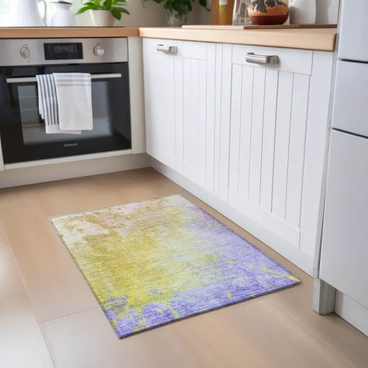2' X 3' Blue Gold and Wheat Abstract Washable Non Skid Indoor Outdoor Area Rug