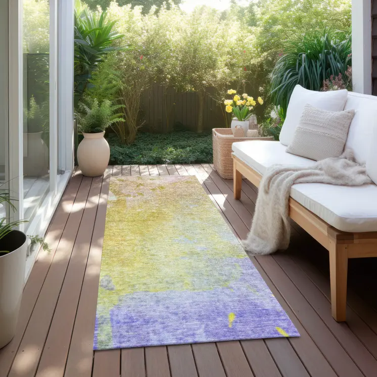 8' Runner Blue Gold and Wheat Abstract Washable Non Skid Indoor Outdoor Runner Rug
