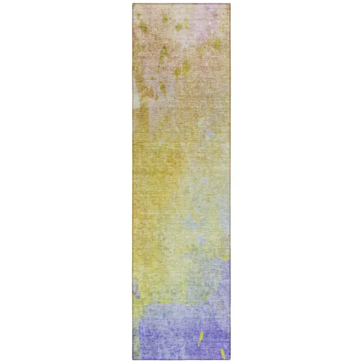 8' Runner Blue Gold and Wheat Abstract Washable Non Skid Indoor Outdoor Runner Rug