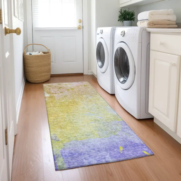 8' Runner Blue Gold and Wheat Abstract Washable Non Skid Indoor Outdoor Runner Rug