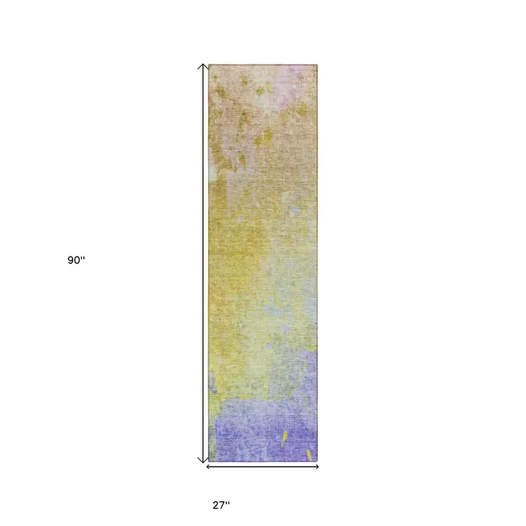 8' Runner Blue Gold and Wheat Abstract Washable Non Skid Indoor Outdoor Runner Rug