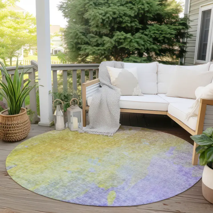 8' Blue Gold And Wheat Round Abstract Washable Indoor Outdoor Area Rug