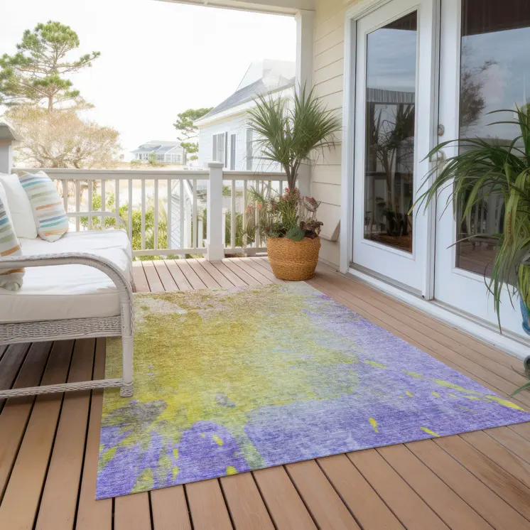 8' X 10' Blue Gold And Wheat Abstract Washable Indoor Outdoor Area Rug
