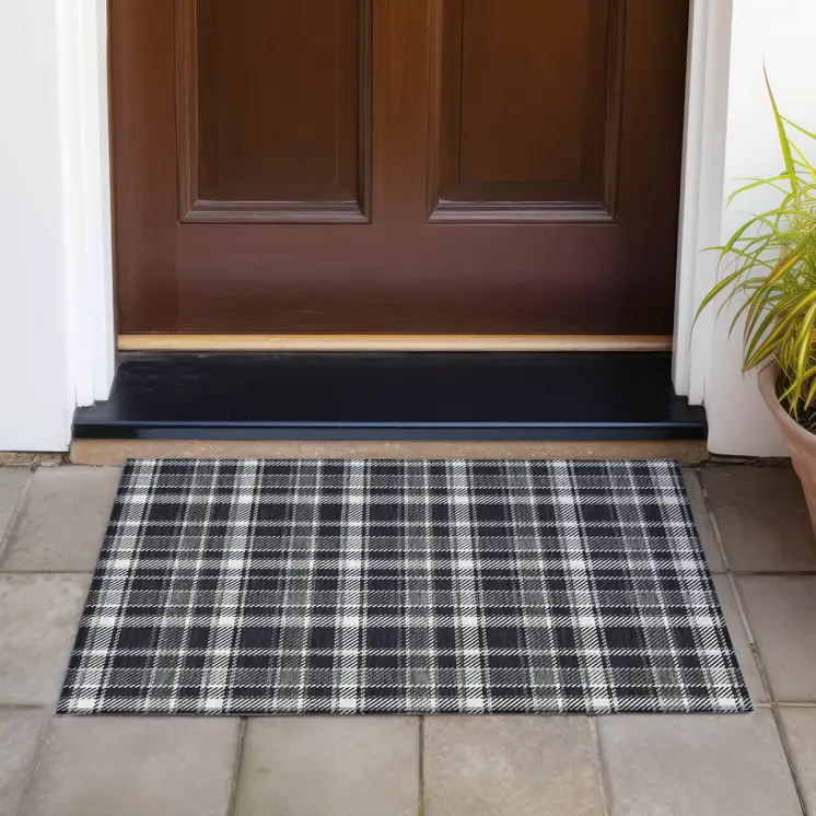2' X 3' Black Gray and White Plaid Washable Non Skid Indoor Outdoor Area Rug