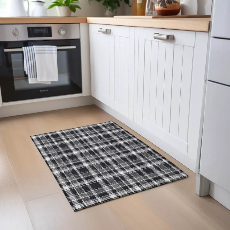 2' X 3' Black Gray and White Plaid Washable Non Skid Indoor Outdoor Area Rug