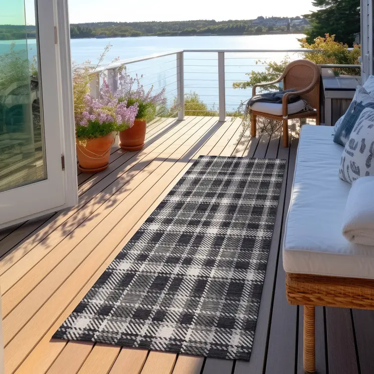 8' Runner Black Gray and White Plaid Washable Non Skid Indoor Outdoor Runner Rug