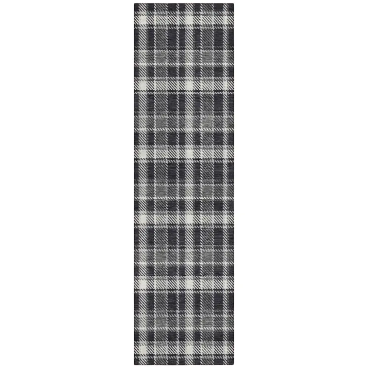 8' Runner Black Gray and White Plaid Washable Non Skid Indoor Outdoor Runner Rug