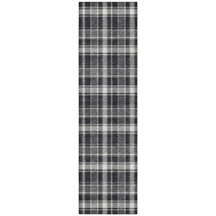 8' Runner Black Gray and White Plaid Washable Non Skid Indoor Outdoor Runner Rug