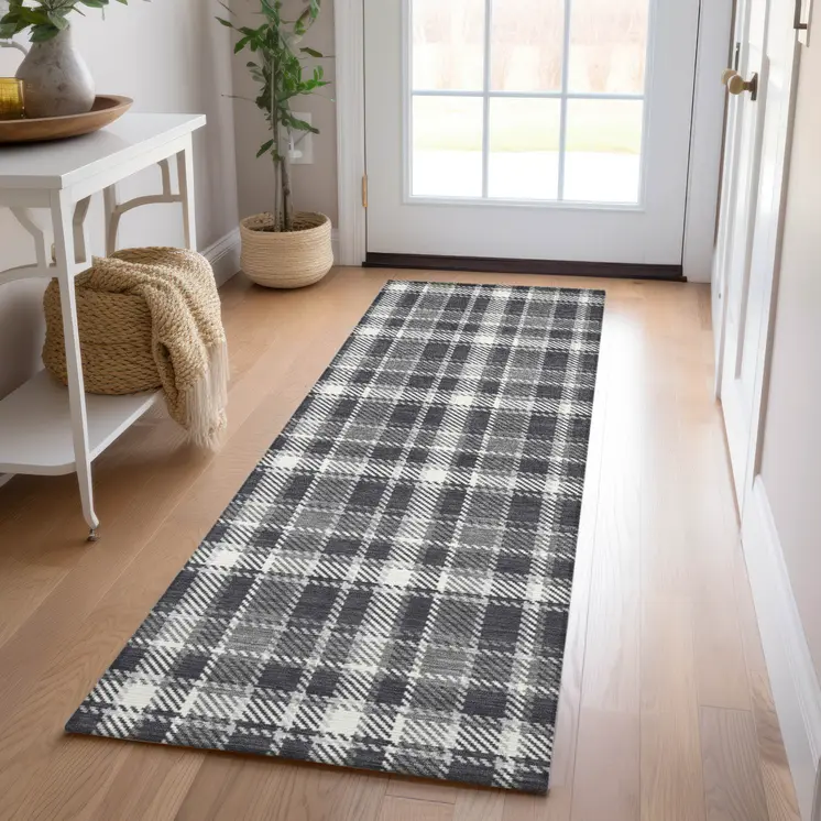 8' Runner Black Gray and White Plaid Washable Non Skid Indoor Outdoor Runner Rug