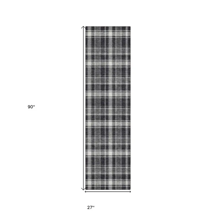 8' Runner Black Gray and White Plaid Washable Non Skid Indoor Outdoor Runner Rug