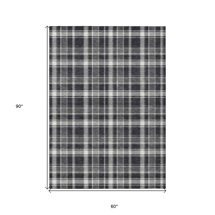 5' X 8' Black Gray and White Plaid Washable Non Skid Indoor Outdoor Area Rug
