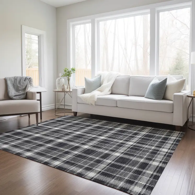 5' X 8' Black Gray and White Plaid Washable Non Skid Indoor Outdoor Area Rug