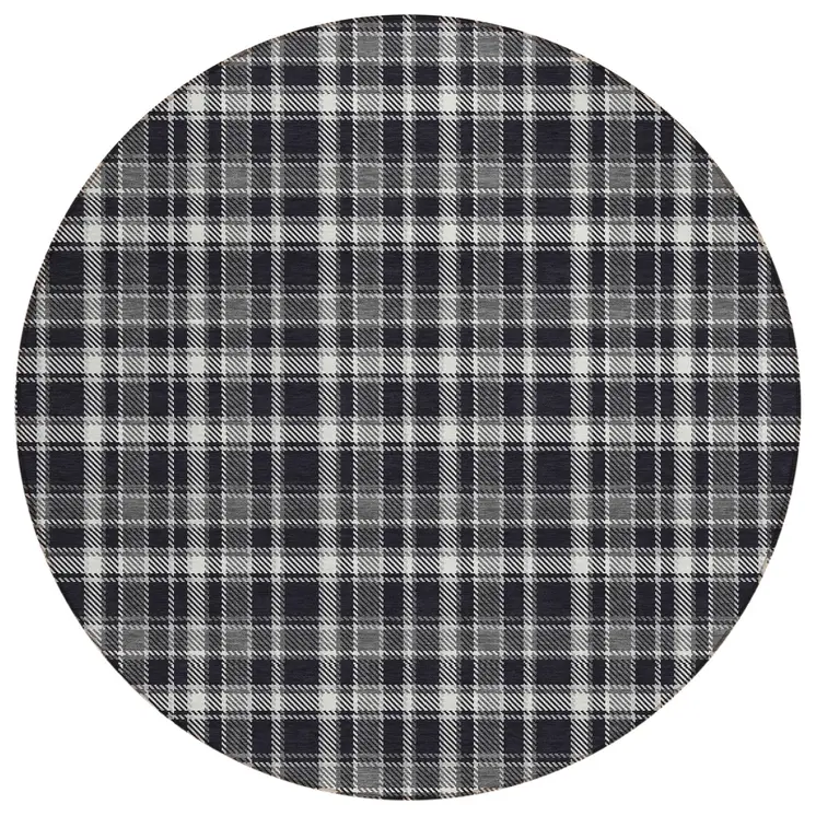 8' Black Gray And White Round Plaid Washable Indoor Outdoor Area Rug
