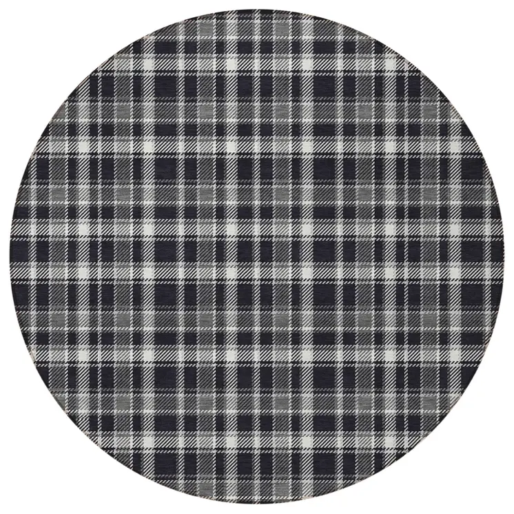 8' Black Gray And White Round Plaid Washable Indoor Outdoor Area Rug