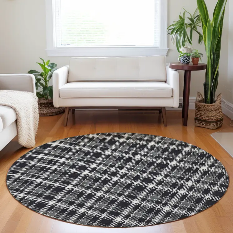 8' Black Gray And White Round Plaid Washable Indoor Outdoor Area Rug